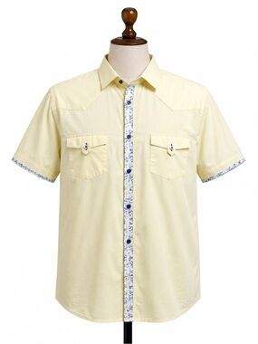 Men's Light Yellow Short-Sleeve Button-Down Shirt with Contrast Trim